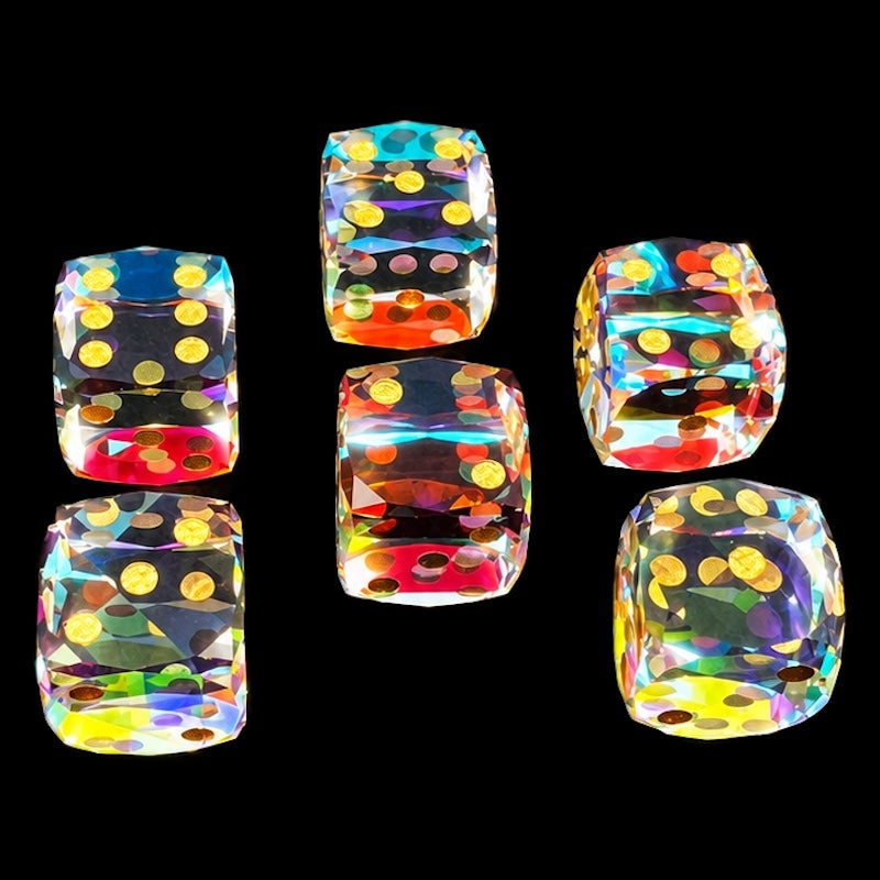 TDSO Faceted Zircon Glass Rainbow & Gold 6 x D6 Dice Set In Padded Case