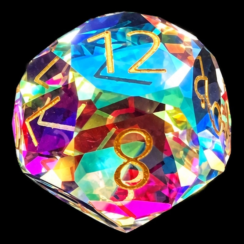 TDSO Faceted Zircon Glass Rainbow & Gold D12 Dice