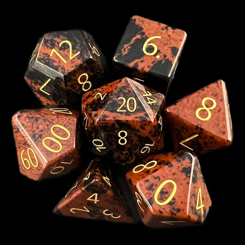 TDSO Gemstone Obsidian Mahogany & Gold 7 Dice Polyset In Padded Case