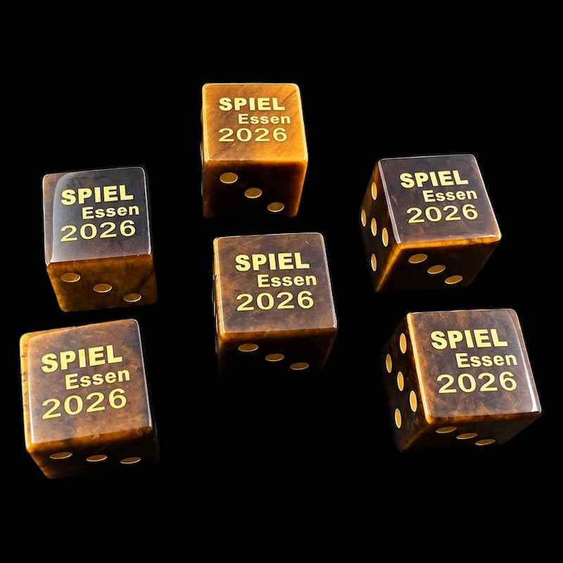 TDSO Gemstone Tiger Eye Gold & Gold 'SPIEL 2026'6 x D6 Spot Dice Set In Padded Case