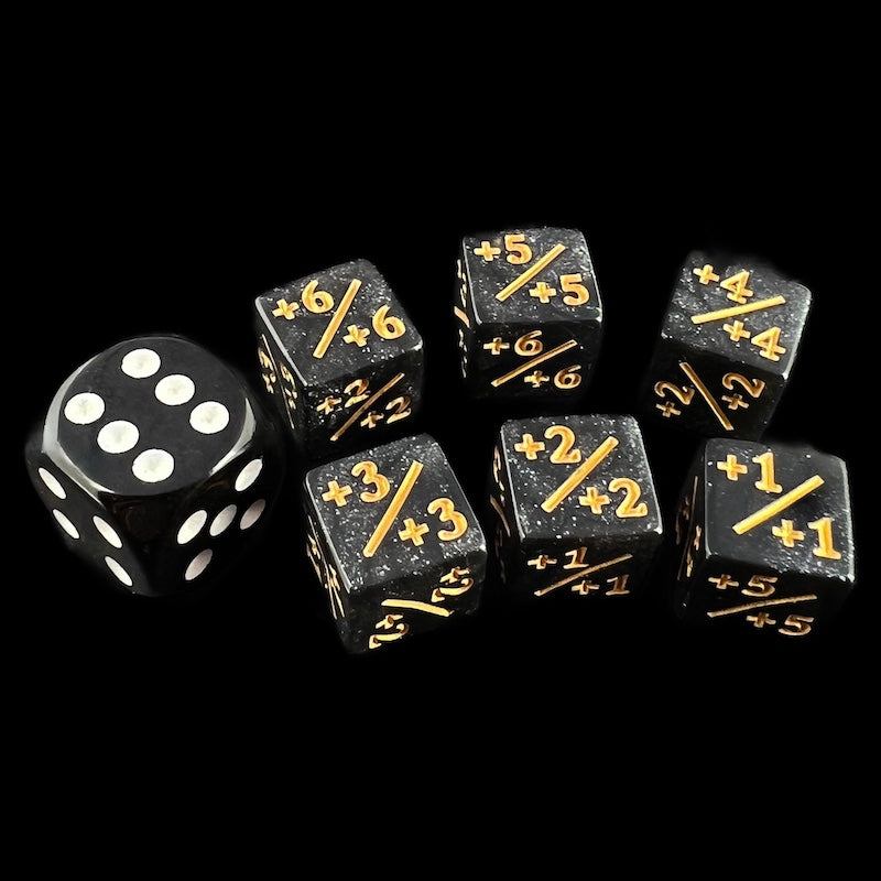 TDSO Glitter Black & Gold Positive Counter 12mm 6 x D6 Dice Set