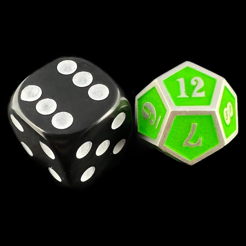 TDSO Metal Fire Forge Silver & Fluorescent Green MINI 12mm D12 Dice