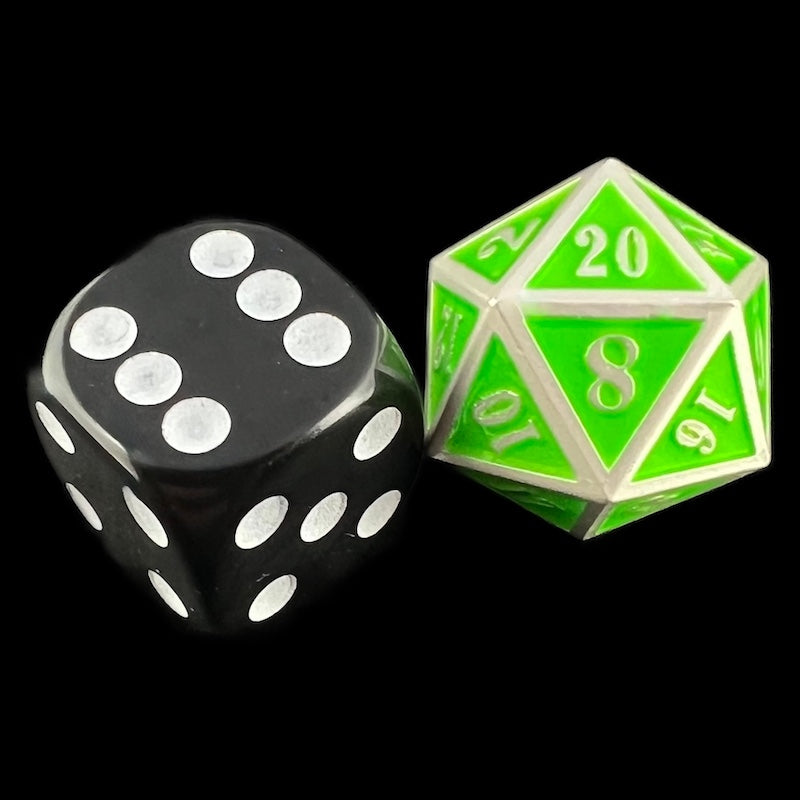 TDSO Metal Fire Forge Silver & Fluorescent Green MINI 12mm D20 Dice