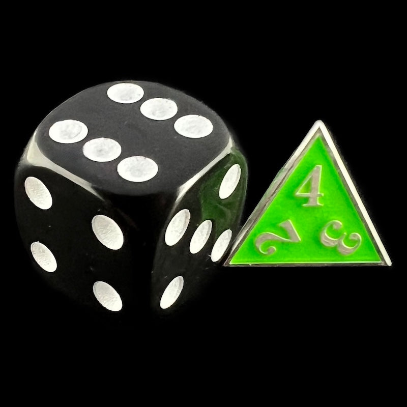 TDSO Metal Fire Forge Silver & Fluorescent Green MINI 12mm D4 Dice