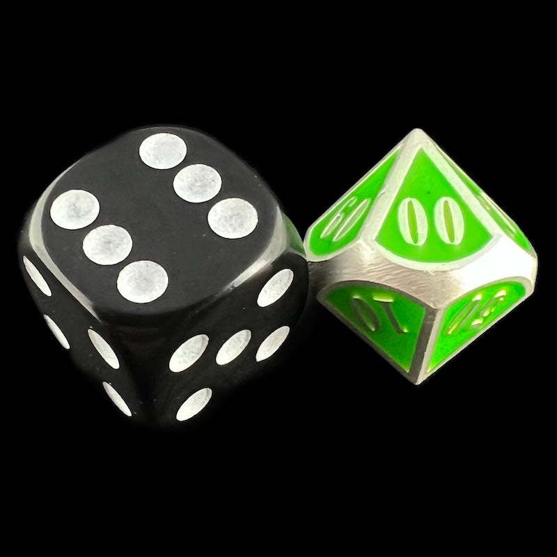 TDSO Metal Fire Forge Silver & Fluorescent Green MINI 12mm Percentile Dice
