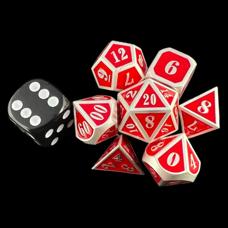 TDSO Metal Fire Forge Silver & Red MINI 12mm 7 Dice Polyset