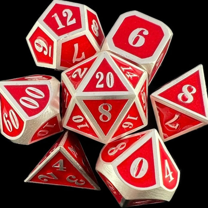 TDSO Metal Fire Forge Silver & Red MINI 12mm 7 Dice Polyset