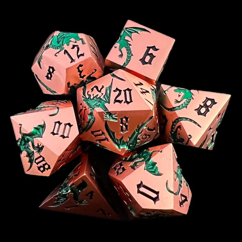 TDSO Metal Flying Dragon Copper & Green 7 Dice Polyset