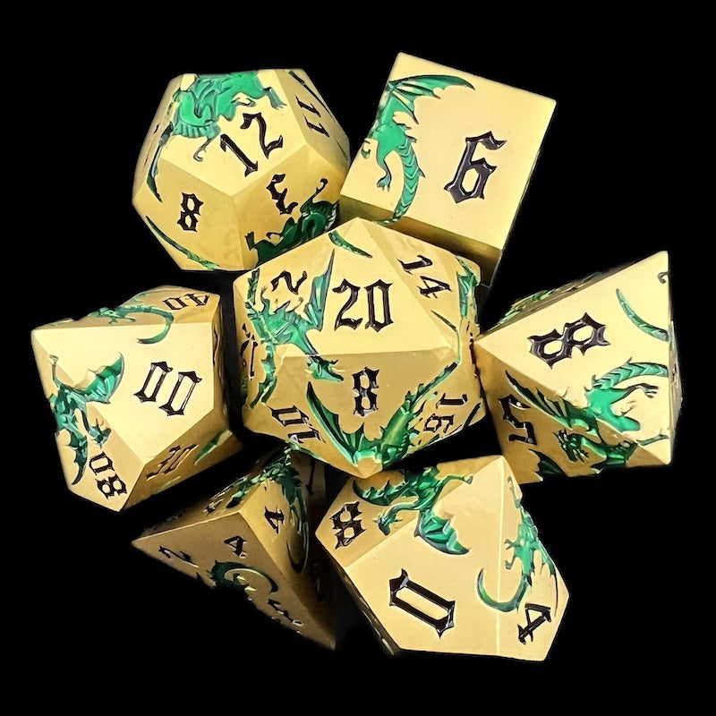 TDSO Metal Flying Dragon Gold & Green 7 Dice Polyset