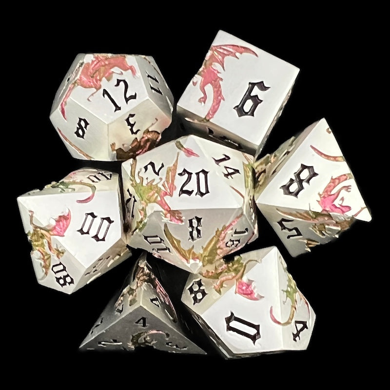 TDSO Metal Flying Dragon Silver Pink & Green Colour Shift 7 Dice Polyset