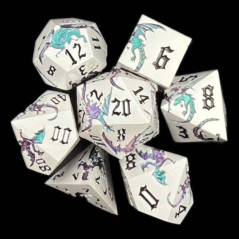 TDSO Metal Flying Dragon Silver Blue & Purple Colour Shift 7 Dice Polyset