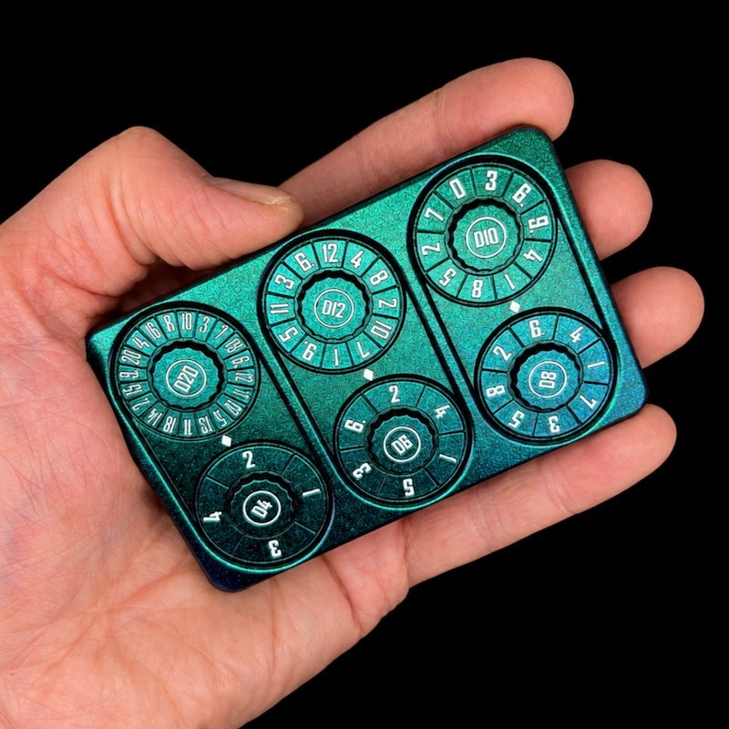 TDSO Metal Iridescent Purple Green & White Credit Card Shaped Polyset Dice Spinner