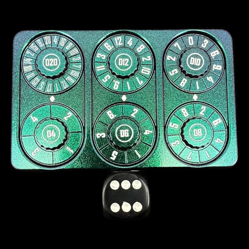 TDSO Metal Iridescent Purple Green & White Credit Card Shaped Polyset Dice Spinner