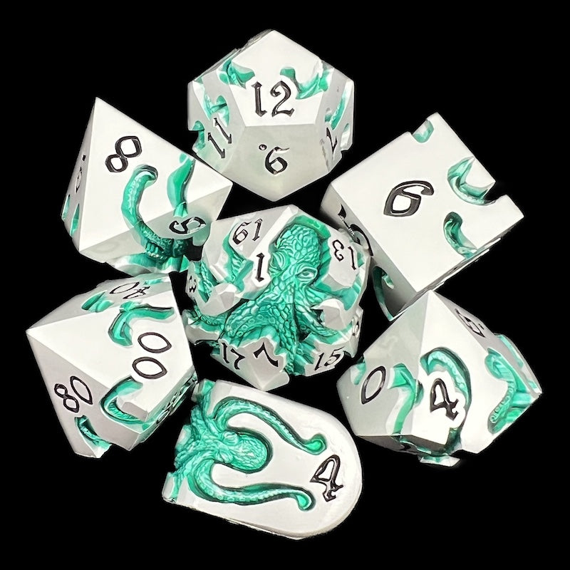 TDSO Metal Kraken Silver & Green 7 Dice Polyset SAMPLE