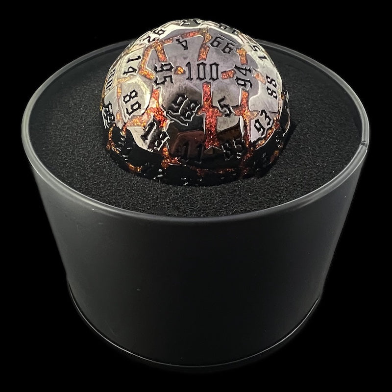 TDSO Metal Mica Fracture Black Nickel & Amber HUGE 50mm D100 Dice In Protective Tin