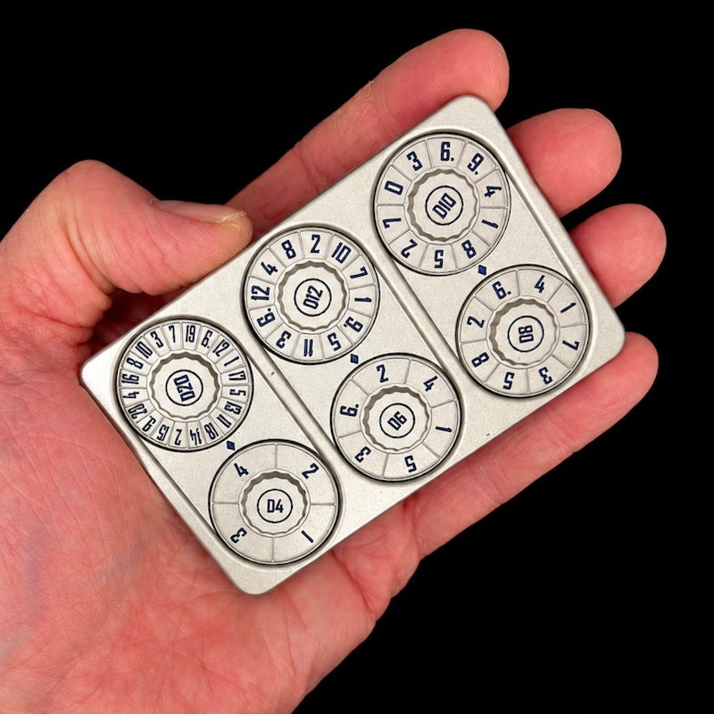 TDSO Metal Silver & Dark Blue Credit Card Shaped Polyset Dice Spinner