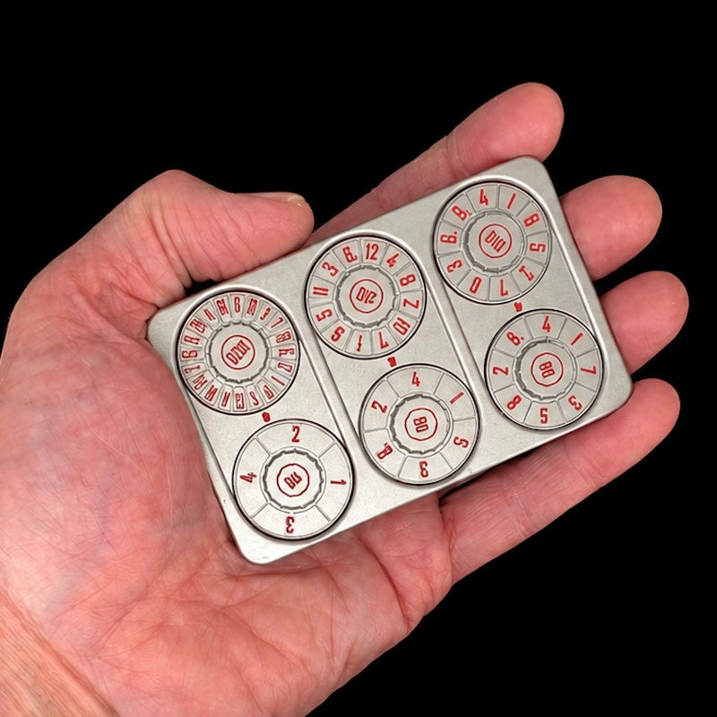 TDSO Metal Silver & Red Credit Card Shaped Polyset Dice Spinner