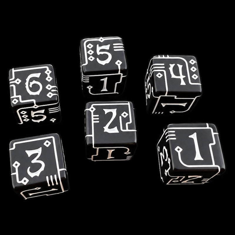 TDSO Opaque Black & White Circuit Board 6 x D6 Dice Set