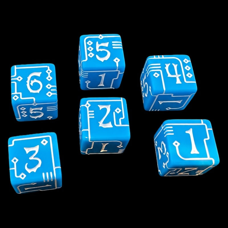 TDSO Opaque Blue & White Circuit Board 6 x D6 Dice Set