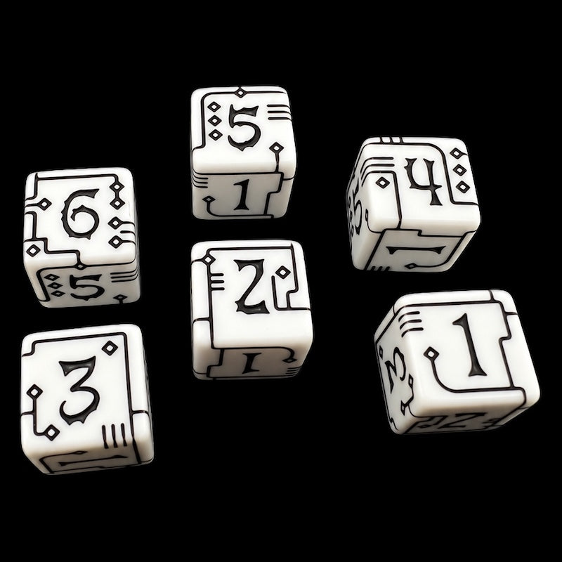 TDSO Opaque White & Black Circuit Board 6 x D6 Dice Set
