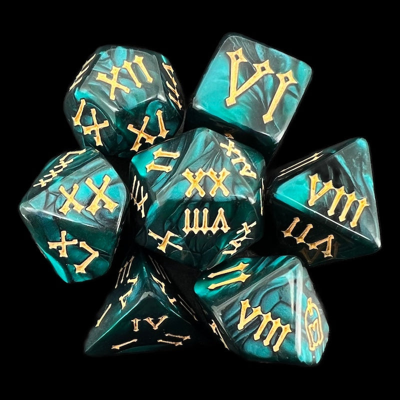 TDSO Pearl Green & Gold Roman Numeral 7 Dice Polyset