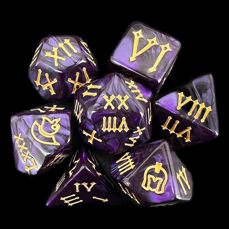 TDSO Pearl Purple & Gold Roman Numeral 7 Dice Polyset