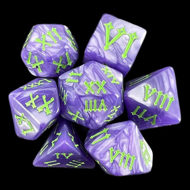 TDSO Pearl Purple & Green Roman Numeral 7 Dice Polyset