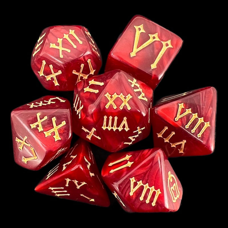 TDSO Pearl Red & Gold Roman Numeral 7 Dice Polyset