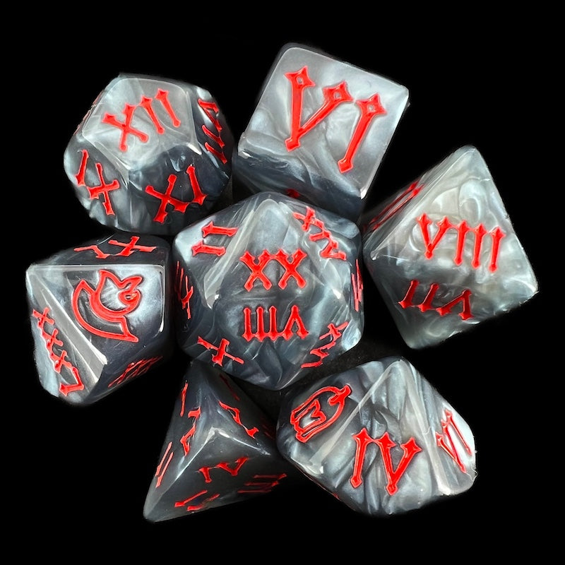 TDSO Pearl Steel & Red Roman Numeral 7 Dice Polyset