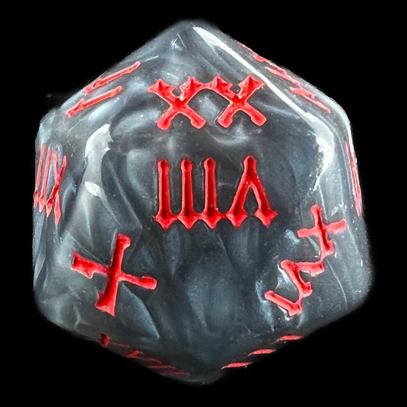TDSO Pearl Steel & Red Roman Numeral D20 Dice