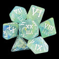 TDSO Pearl Swirl Blue & Green Roman Numeral 7 Dice Polyset