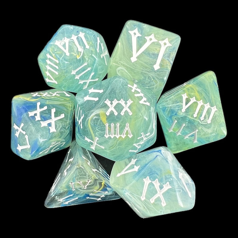 TDSO Pearl Swirl Blue & Green Roman Numeral 7 Dice Polyset