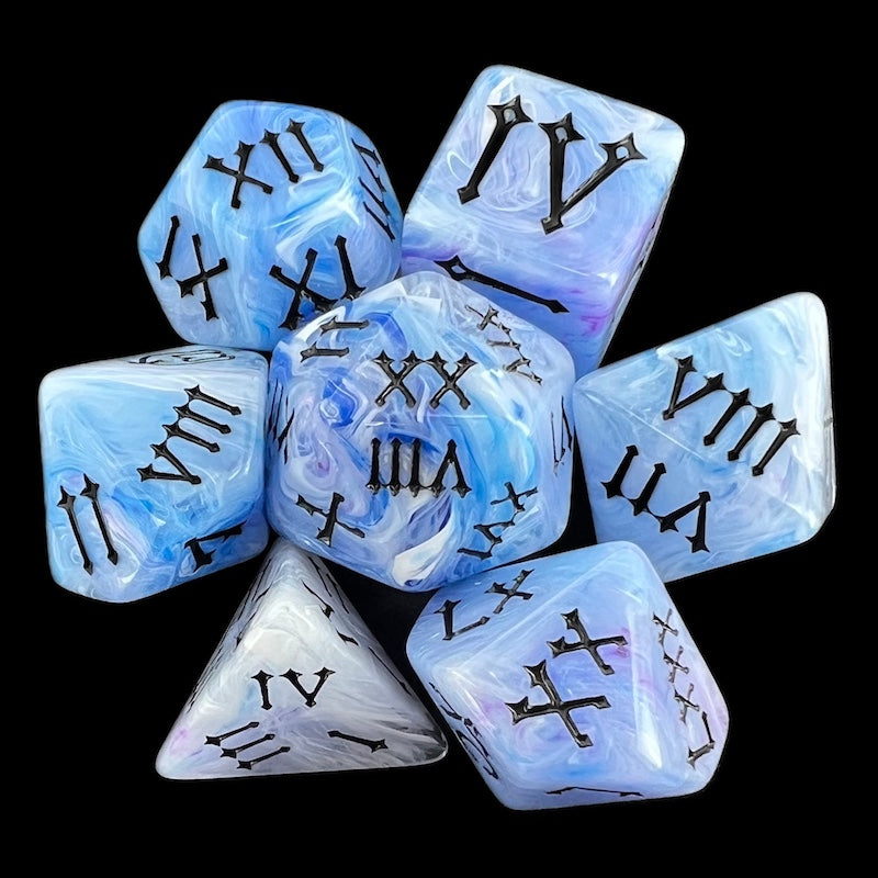 TDSO Pearl Swirl Blue & White Roman Numeral 7 Dice Polyset
