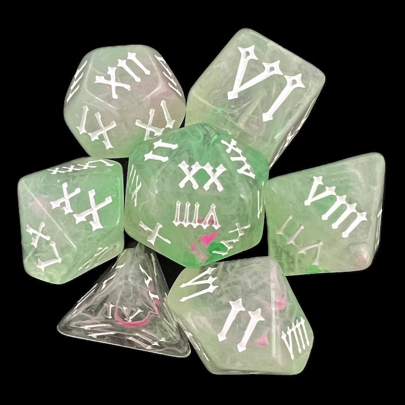 TDSO Pearl Swirl Jade Mist Roman Numeral 7 Dice Polyset