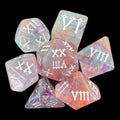 TDSO Pearl Swirl Orange Purple & Teal Roman Numeral 7 Dice Polyset
