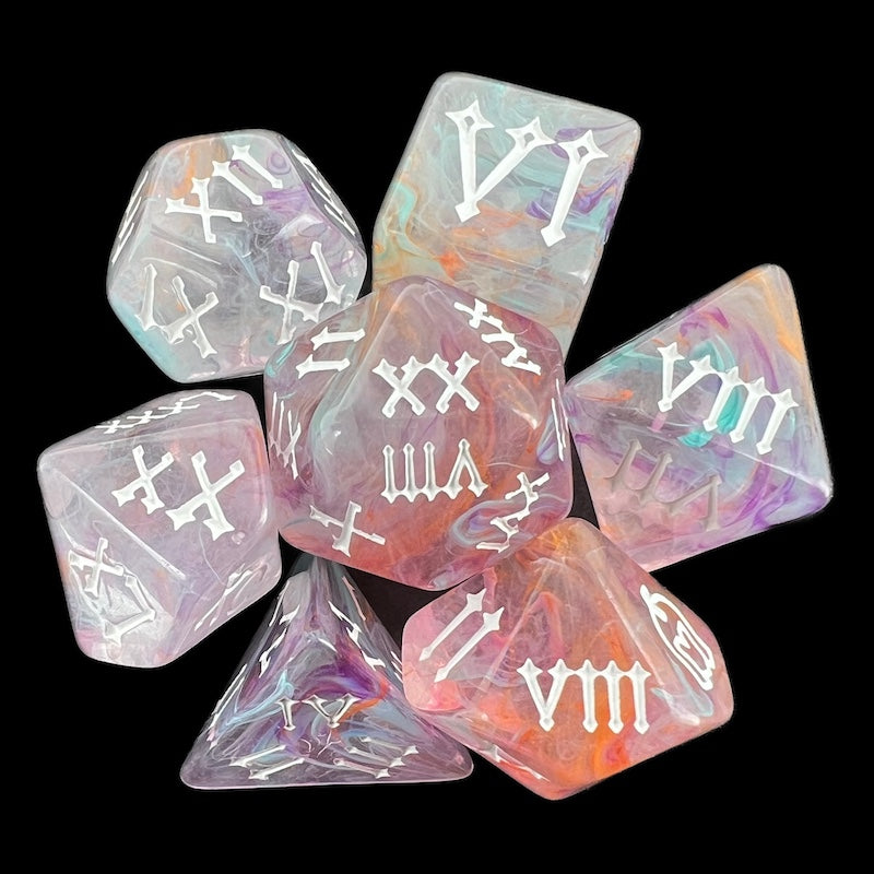 TDSO Pearl Swirl Orange Purple & Teal Roman Numeral 7 Dice Polyset