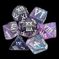 TDSO Pearl Swirl Purple Smoke & Teal Roman Numeral 7 Dice Polyset