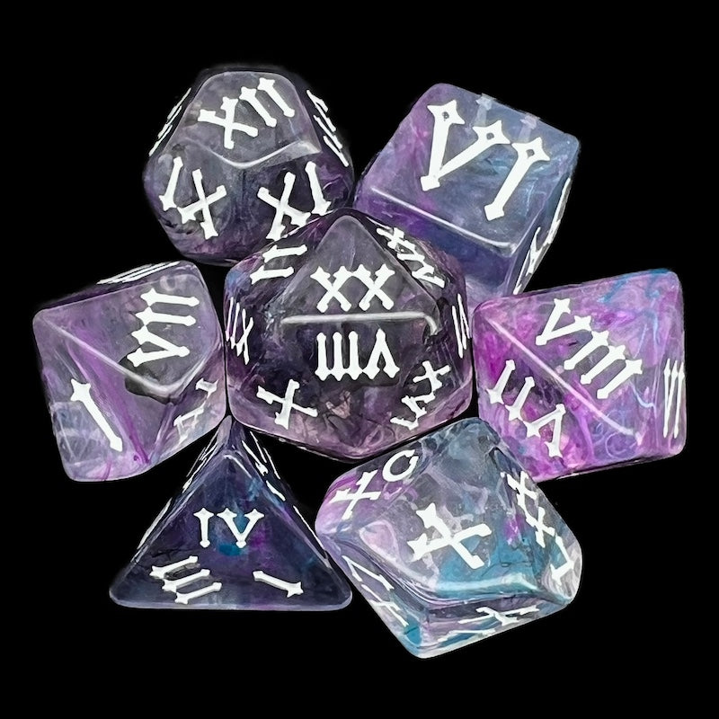 TDSO Pearl Swirl Purple Smoke & Teal Roman Numeral 7 Dice Polyset