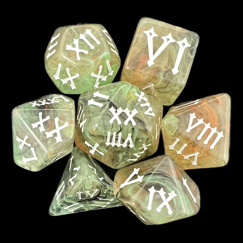 TDSO Pearl Swirl Shadow Green & Orange Roman Numeral 7 Dice Polyset