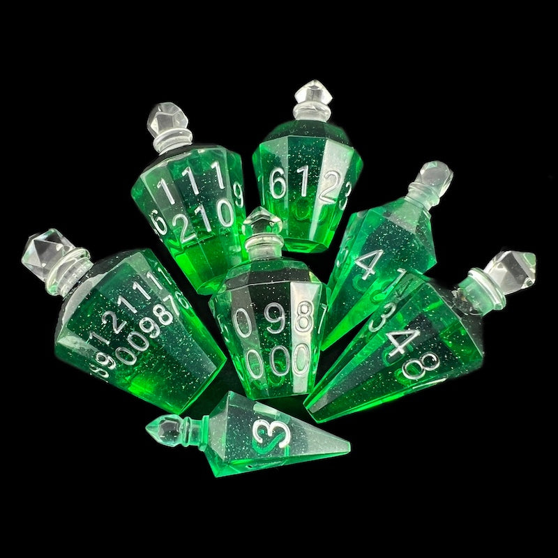 TDSO Potion Bottle Green & Silver 7 Dice Polyset