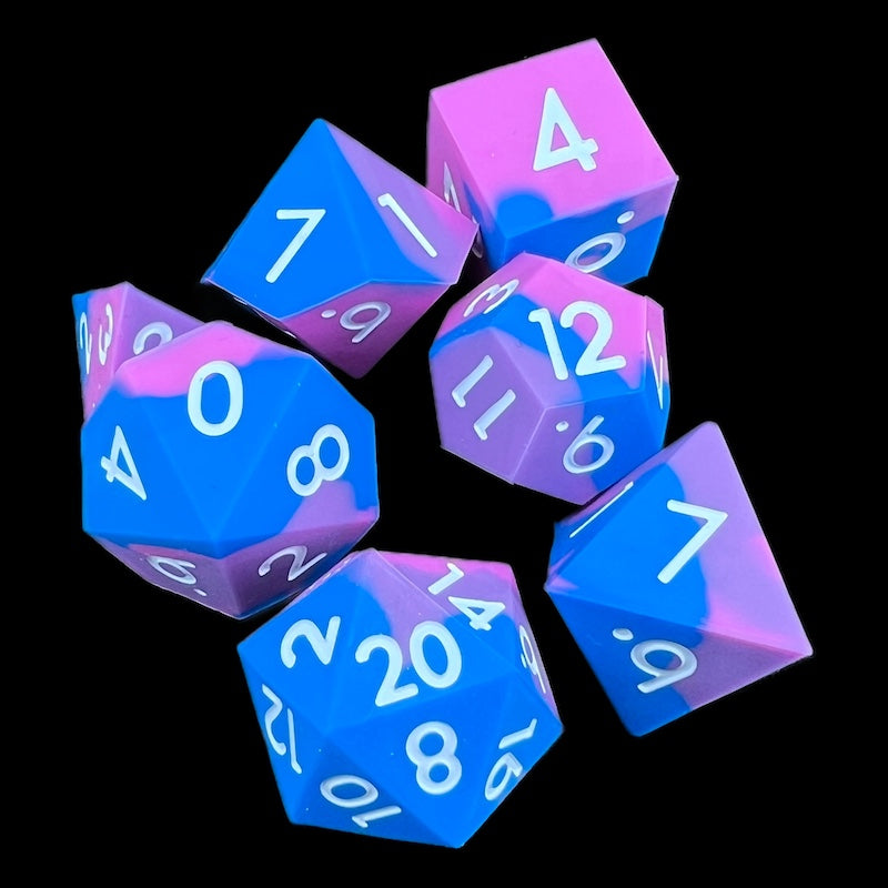CLEARANCE TDSO Silicone Blue & Pink with White 7 Dice Polyset INCORRECT DICE