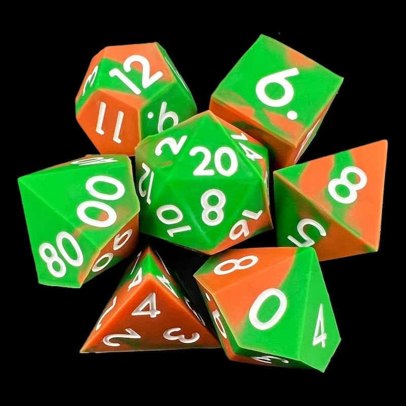 TDSO Silicone Green & Orange with White 7 Dice Polyset
