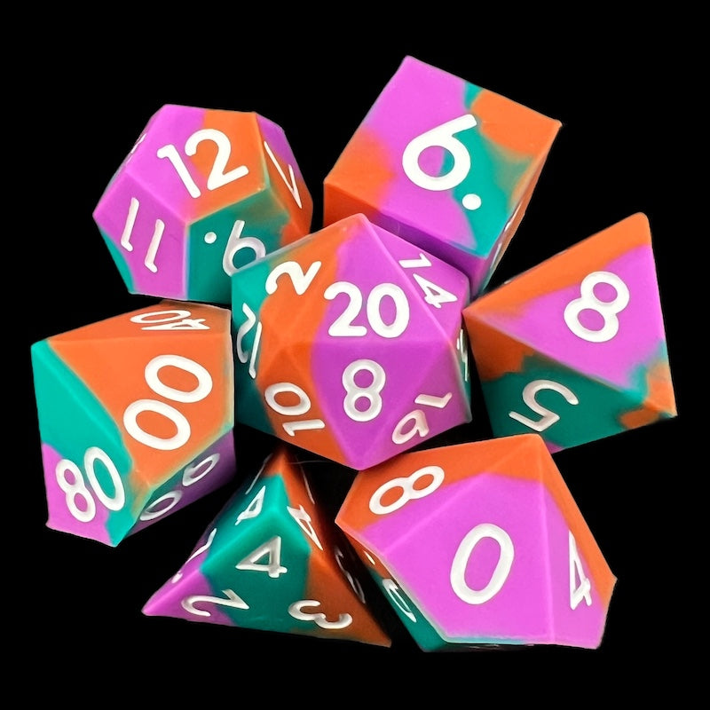 TDSO Silicone Orange Pink & Teal with White 7 Dice Polyset