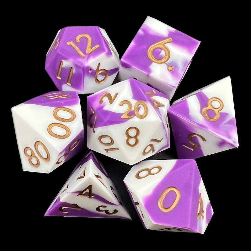 TDSO Silicone Purple & White with Gold 7 Dice Polyset