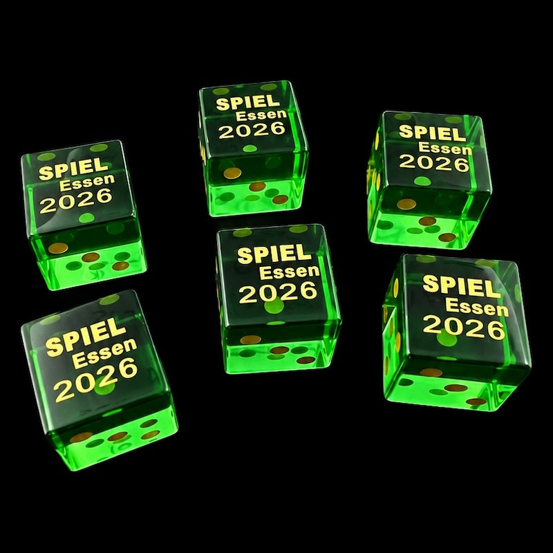 TDSO Zircon Glass Emerald & Gold 'SPIEL 2026' 6 x D6 Spot Dice Set in Padded Case