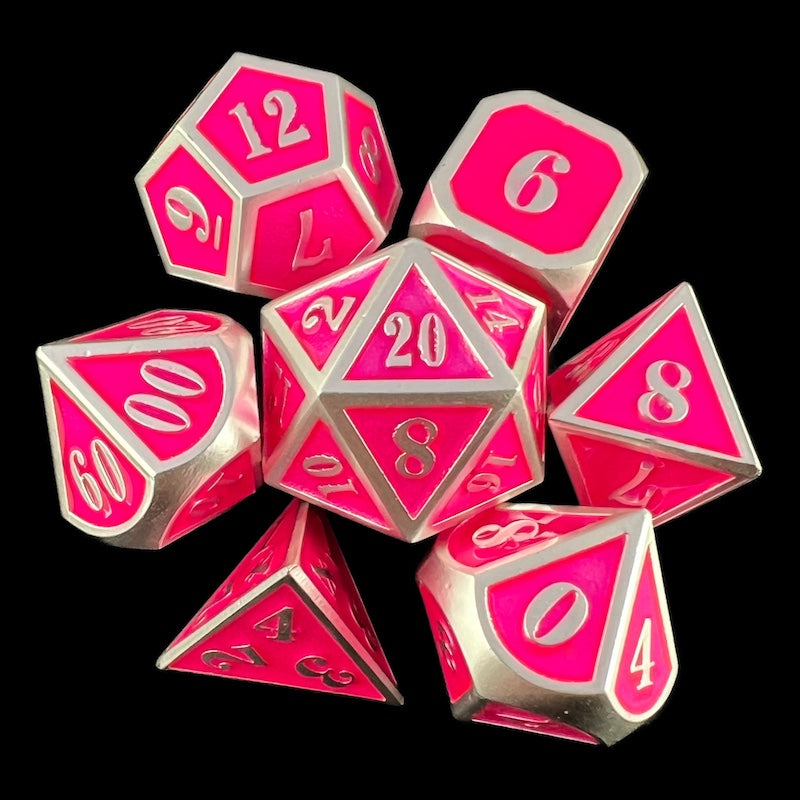 TDSO Metal Fire Forge Silver & Fluorescent Pink MINI 12mm 7 Dice Polyset
