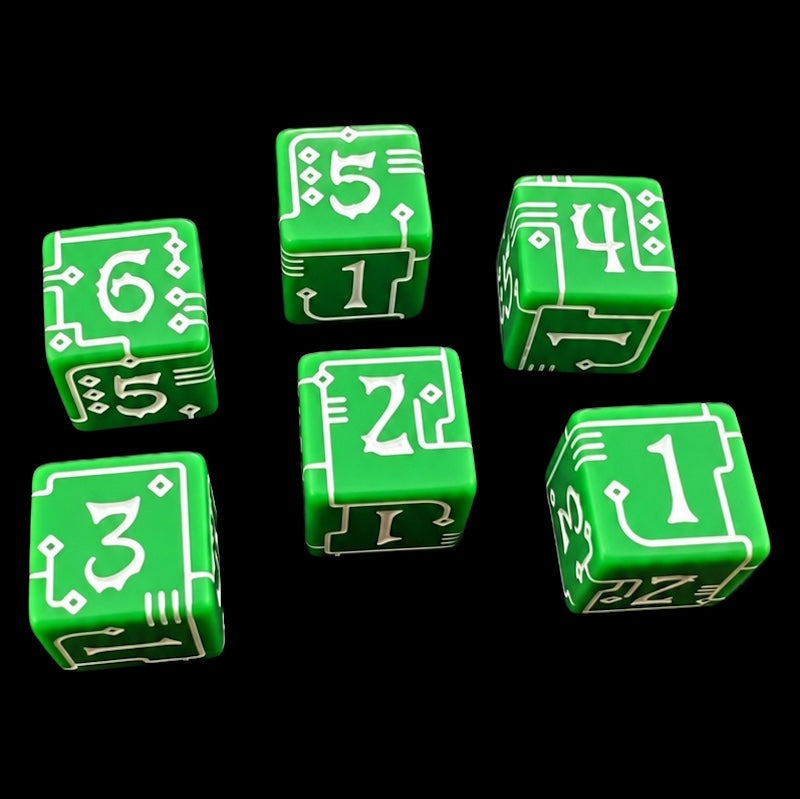 TDSO Opaque Green & White Circuit Board 6 x D6 Dice Set