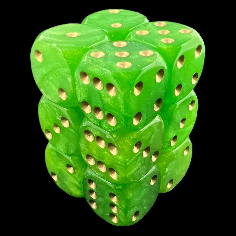 UK Made Dice Lustrous Lime with Gold 12 x D6 Dice Set