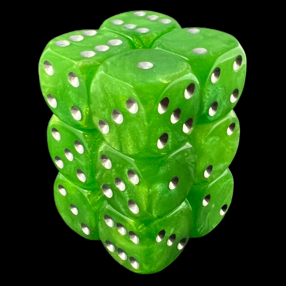 UK Made Dice Lustrous Lime with Silver 12 x D6 Dice Set