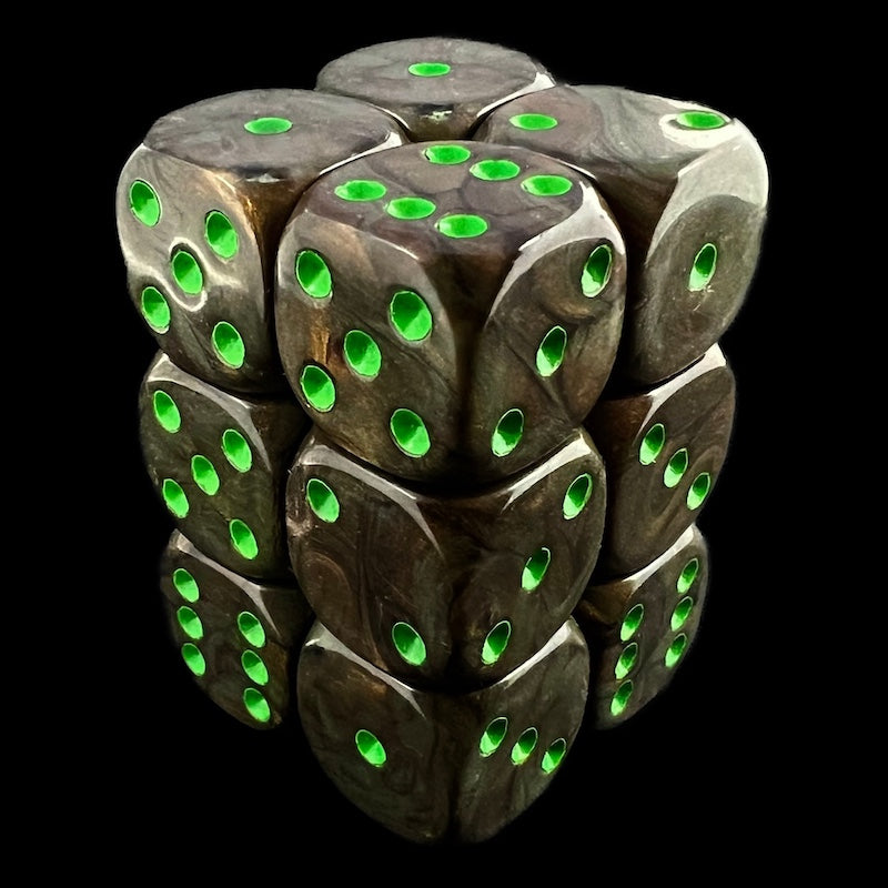 UK Made Dice Lustrous Pearl Camouflage with Green 12 x D6 Dice Set
